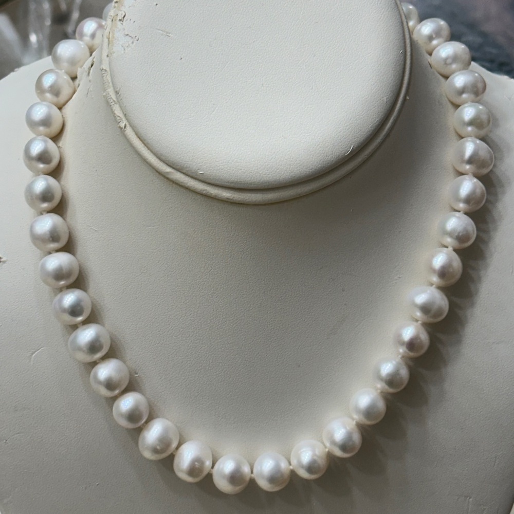 11.4mm - 12.4mm White Cultured Pearls - HAND KNOTTED - 14K GF Clasp - 17 1/2"